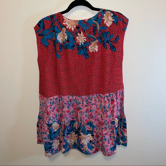 Mystree Red Turquoise Cheetah Floral Mixed Pattern Babydoll Rayon Keyhole Blouse - Picture 10 of 13